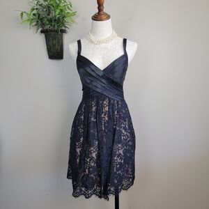 BCBGMaxazria Floral Lace Centurian Satin Ruffle Wrap V Neck Fit N Flare Dress 4